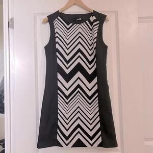 Moschino Black and White Sleeveless Sheath Mini Dress, retro print, size small